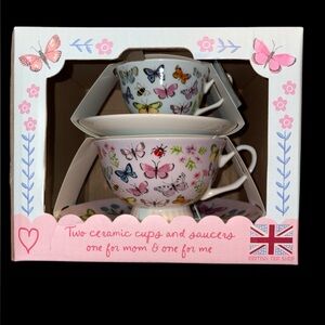 Mom & Me Tea Cups Saucers Mother’s Day Gift Set Butterfly NIB Mom and Mini Sized